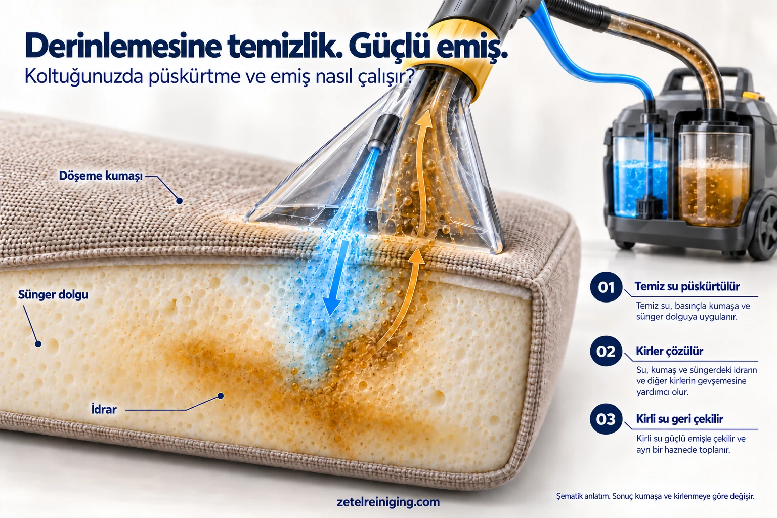 Koltuk süngerinde püskürtme ve emiş yöntemini gösteren kesit